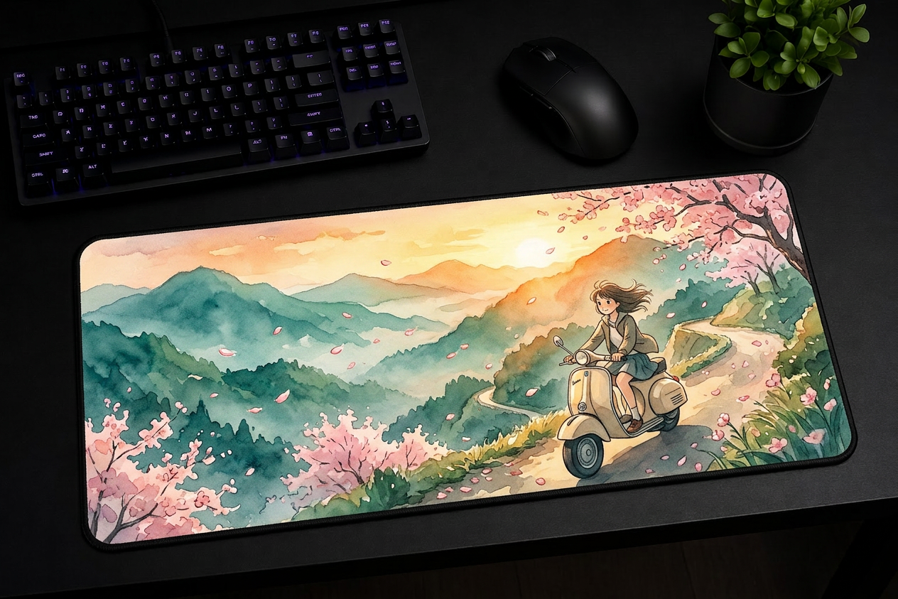 Custom deskmat: A Studio Ghibli sunrise — a girl on a vintage scooter winding through misty cherry-blossom mountains