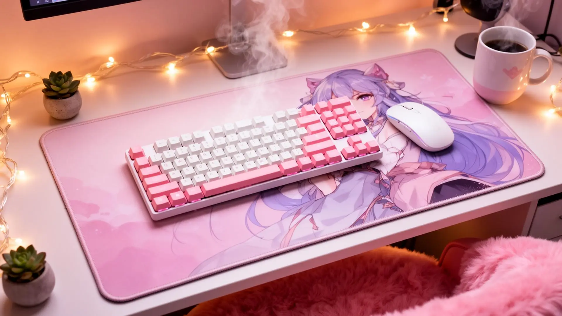 Cozy feminine desk setup