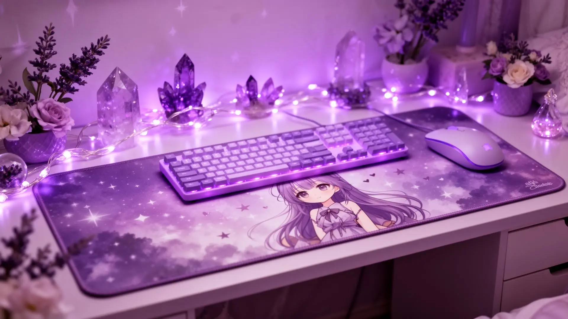 Dreamy purple girly desk setup