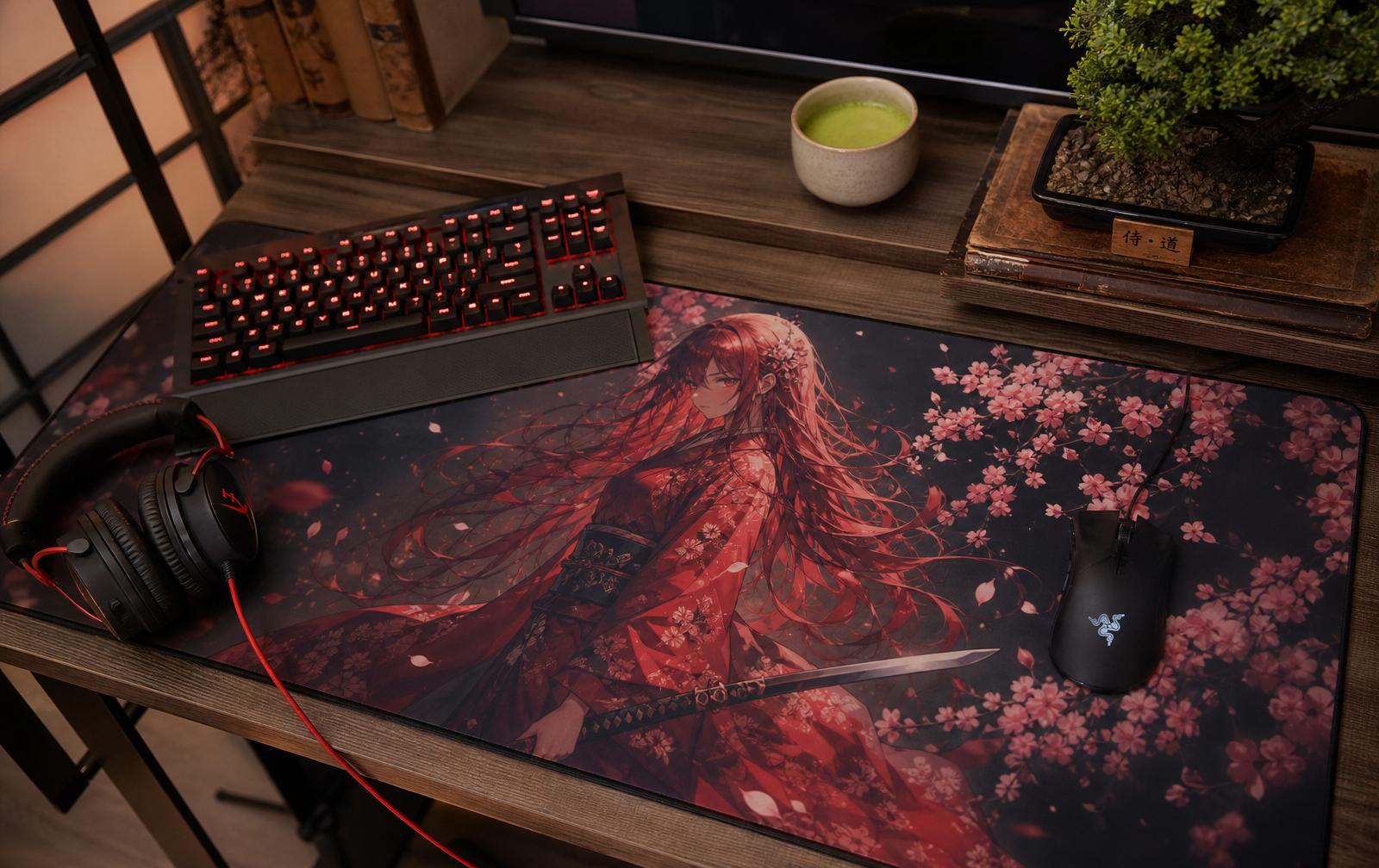 Cover setup — Crimson Petal custom XXL deskmat by @kira.builds